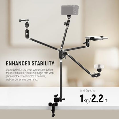 NEEWER 30" Articulating Magic Arm with Desk Super Clamp/Action Cam Mount/Phone Holder, Overhead Camera Mic Boom Stand, Compatible with GoPro iPhone DSLR Webcam Microphone Video Recording, UA056 - style: UA056