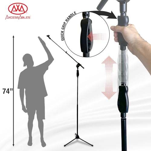 AxcessAbles One-Handed Quick Release Microphone Stand. 74" Height Clutch Adjustment Tripod Mic Stand with 35" Boom Arm. For Singing, Studio and Instruments (1-Pack) - size: 1-Pack
