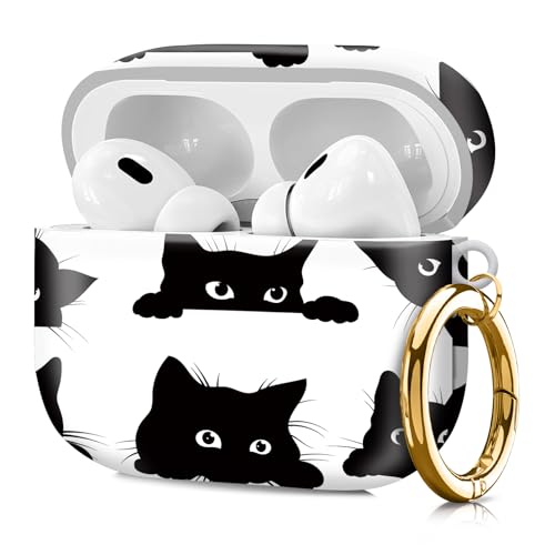 Compatible with Airpod pro 2nd/1st Generation Case Cover with Gold Round Keychain Cute Pattern Hard & Anti Slip Cover for Men Women & Girls（Black cat） - color: Black cat