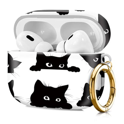 Compatible with Airpod pro 2nd/1st Generation Case Cover with Gold Round Keychain Cute Pattern Hard & Anti Slip Cover for Men Women & Girls（Black cat） - color: Black cat