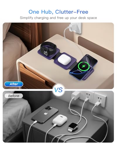 Iseyyox Charging Station for Mag Safe Apple - 3 in 1 Magnetic Foldable Wireless Charger Pad - Travel Charging Mat for iPhone 17 16 15 14 13 12 Pro Max Plus Watch & Airpods - color: Deep-purple