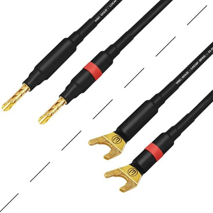 WORLDS BEST CABLES 20 Foot WBC-GOLD-LOCAP-SPKR-12 AWG - Low-Capacitance - Low-Inductance - High Purity OFC - Audiophile HiFi Speaker Cable Pair with Eminence Gold Banana (x2) & Spade (x2) Plugs - size: 20 FT, style: 2 Cables - Banana-Spade