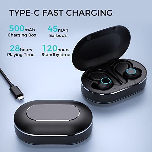 Ear hook Wireless Workout Earbuds, Bluetooth 5.1 Headphones, 28Hrs Playtime, HiFi Stereo, Sweatproof, Noise Cancelling, Lightweight, 500mAh battery, Ideal for Cycling, Sport, Running, Driving.,Black