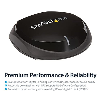 StarTech Bluetooth 5.0 Audio Receiver, NFC, 3.5mm RCA & Toslink, HiFi DAC | BT 5.0 stereo receiver, SPDIF optical out, For speakers PC or TV, Wireless bluetooth aux - style: Digital Toslink/SPDIF Optical Output