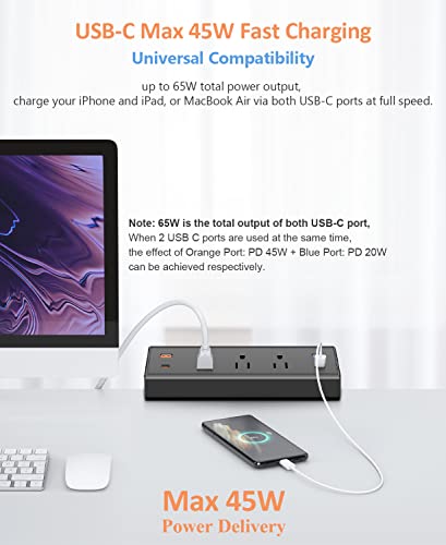 Desk Clamp Power Strip with USB C,65W Fast Charging Station for iPhone 14 Pro Max iPad MacBook Air,Power Supply for Desk Edge Mount,3 Widely Spaced Outlets Surge Protector,6ft Cord (Black)