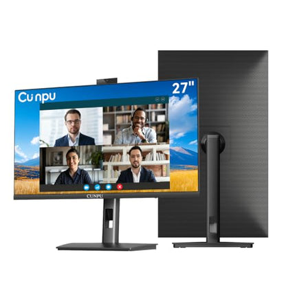 CUNPU 27 Inch Monitor with Camera, Computer Monitor with Built-in 5MP 2K Webcam and Stereo Mic & Speakers, QHD 1440P Vertical Monitor for Video Conferencing, HDMI, DP1.4 Port, Swivel Pivot Adjustable