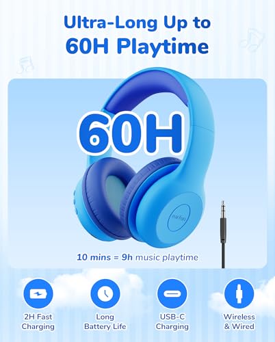 EarFun K2 Kids Bluetooth Headphones for School, Kids Headphones with Mic | Volume Limited, 40H Playtime, Built-in Mic, Stereo Sound, Foldable Over-Ear Headphone for Kids/Toddler/Travel, Royal Blue - color: Royal Blue