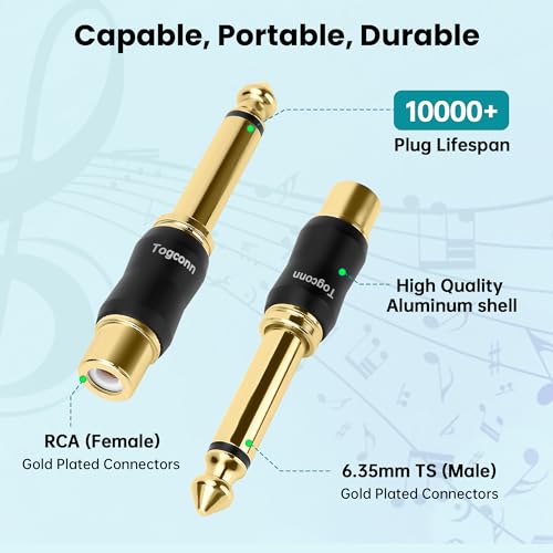 RCA to 1/4 Inch Adapter 10 Pack, 6.35mm Quarter Inch TS Mono Male to RCA Female Jack Plug, Gold-Plated Guitar Connectors, Audio Converter Premium Quality Series - size: 10 Pack