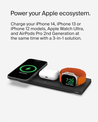Belkin MagSafe 3 in 1 Wireless Charging Pad, Fast Charging Station | Apple Watch, iPhone 17/16/15/14 Series, AirPods compatible, multi-device MagSafe charging station, Magnetic - color: Black, style: New