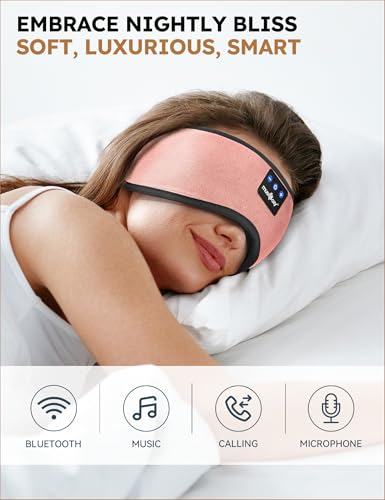 MUSICOZY Sleep Headphones Bluetooth 5.4 Sleep Eye Mask with HD Speakers | Soft Cotton Fabric, Flat Design, 14 Hours Playtime, Washable Headband Style for Side Sleepers, Travel Meditation Relaxation - color: Pink