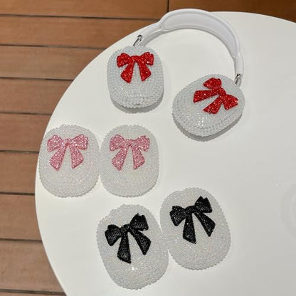 Pearl Bow Case for AirPods Max 2 Cover - Luxurious Rhinestones Glitter Crystal Headphones Case for AirPods Max Ear Cups Cover Protective 3 in 1 Accessories Set with Ear Pad/Headband for Girl - Pink