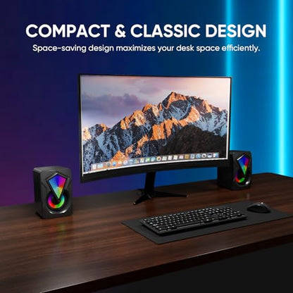 Computer Speakers for Desktop, USB Powered Stereo Speakers with RGB Lights | Rich Stereo Sound, Colorful RGB Lighting, Compact Design, Simple Volume Control, and Plug-and-Play Setup for Laptop Monitor