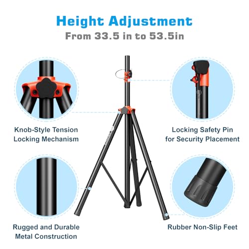 Speaker Stands Heavy Duty - Adjustable Height 50.5'' to 83.5'', Speaker Tripod Stand with Non-Slip Rubber Feet,144lbs Load Capacity for Stage/DJ/Party, Fits 1.38"&1.63" Speaker Poles (1-Pack)