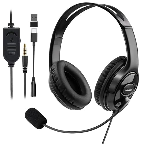 Wired Gaming Headset with Mic for PS5/PS4/Xbox/Switch/PC/Laptop/Tablet/Phone, Over-Ear Headphones with USB-A/C & 3.5mm Jacks/360° Rotating Microphone/In-line Control for Home Office Business Work - style: Double Ear - Flexible Mic