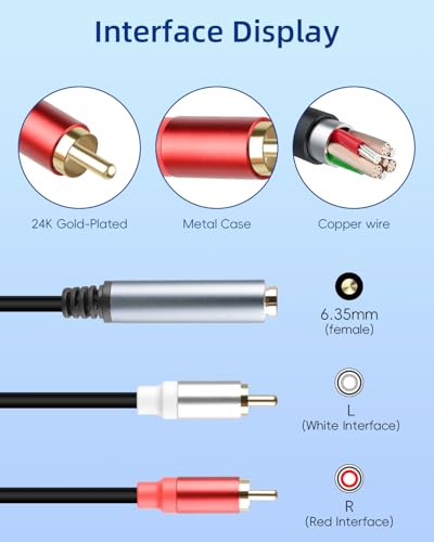 GELRHONR RCA to 1/4 Female Adapter Splitter Cable, 6.35mm Female to Dual RCA Male Audio Cable for Amplifier, Microphone, TV and More 30cm (1Female to 2 Male) - color: 1Female to 2 Male