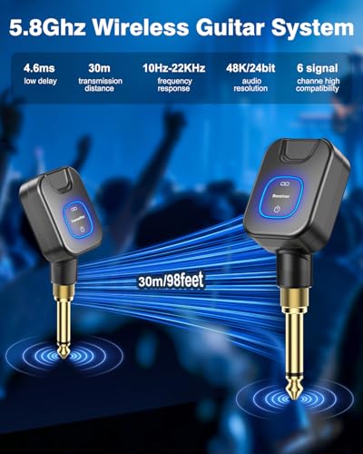 Wireless Guitar System 5.8GHz Charging Box 30H Work for Guitar Bass | 6 Channels,Wireless Guitar Transmitter Receiver for 6.35mm & 3.5mm Jacks & Active Pickup Instruments