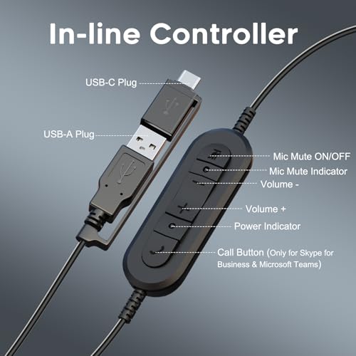MKJ USB Headset with Noise Cancelling Microphone for Call Center & Office | USB-A & USB-C Connectors, Work with Computer PC Laptop, for Zoom Ms Teams Webinar, Clear Sound, Soft Ear Cushions