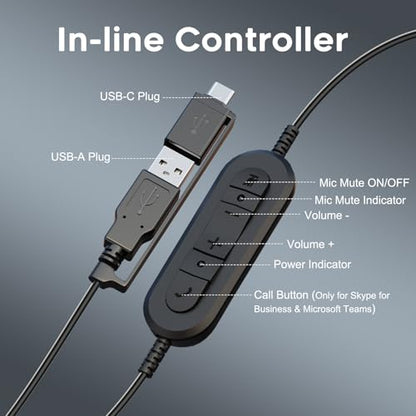 MKJ USB Headset with Noise Cancelling Microphone for Call Center & Office | USB-A & USB-C Connectors, Work with Computer PC Laptop, for Zoom Ms Teams Webinar, Clear Sound, Soft Ear Cushions