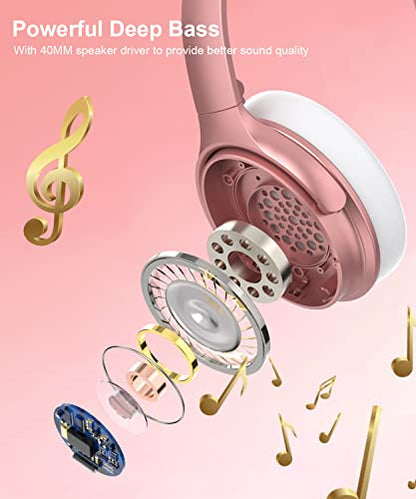 INFURTURE H1 Active Noise Cancelling Bluetooth Headphone Over Ear Deep Bass | Comfortable, Hi-Fi Stereo, 90H Playtime, Low Latency, Foldable Lightweight for Travel, Office, Sport Running - Pink - color: Rose gold