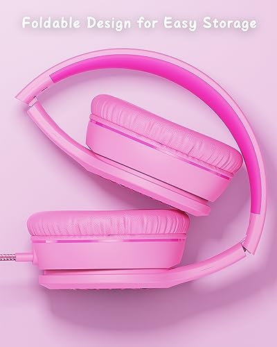 Wired Headphones with Microphone, K16 On-Ear Headphones for Kids with 3.5MM Jack, Foldable Stereo Bass Headphone for Teens School Amazon Kindle, Fire, Chromebook, Tablet (Pink Red)