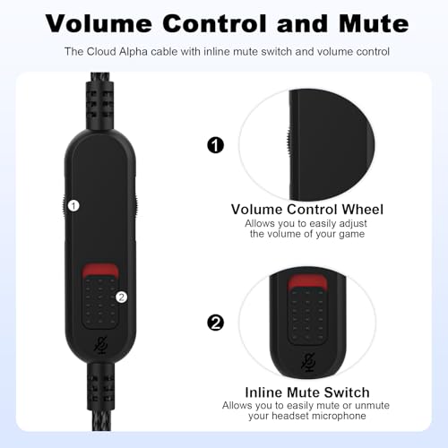 Cloud Alpha Cable Replacement Audio Cord Wire with Inline Mute and Volume Control Compatible with Kingston HyperX Cloud Alpha/Alpha S, Cloud Mix, Logitech G933, G633 Gaming Headsets (Black) - color: Black