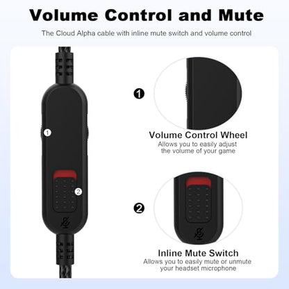 Cloud Alpha Cable Replacement Audio Cord Wire with Inline Mute and Volume Control Compatible with Kingston HyperX Cloud Alpha/Alpha S, Cloud Mix, Logitech G933, G633 Gaming Headsets (Black) - color: Black