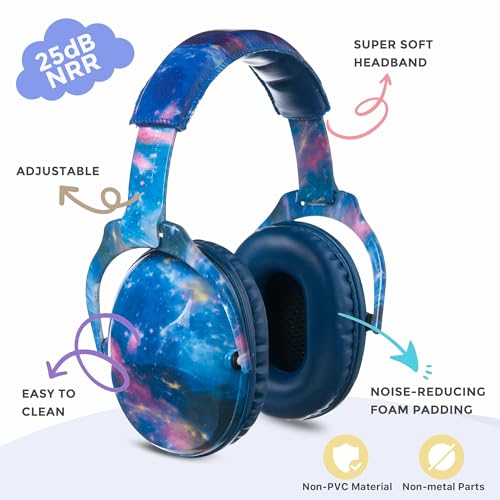 Kids Ear Protection Safety Ear Muffs, NRR 25dB Noise Reduction Children Earmuffs, Hearing Protectors for Sleeping, Studying, Airplane, Concerts, Fireworks-Galaxy with Blue Band - color: Blue Band Galaxy