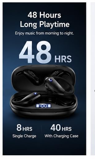 Wireless Earbuds Bluetooth Headphones with Earhooks, IPX7 Waterproof, Hi-Fi Stereo, 48H Playtime, LED Power Display Charging Case, for Running, Workout, Gym