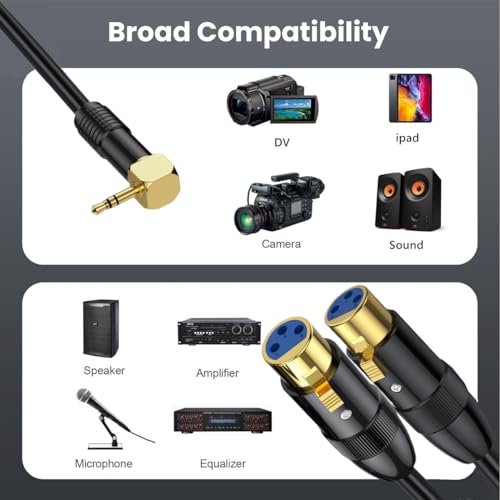 90Deg 3.5mm Mini Jack Stereo Male to 2 XLR Female Microphone Connector 0.5m | Right Angle XLR to 3.5mm Y Splitter Cable, 1/8 inch TRS to Dual XLR Female Cord for Laptop, Camera, Sound, DV - size: 50 cm