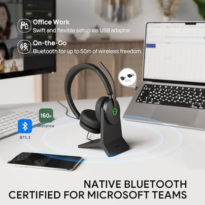 Yealink BH74 with Stand ANC Wireless Headset with Microphone for PC, Bluetooth Headset Noise Cancelling with 6 AI Mic, 32H Talk Time & Mute Button, Microsoft Teams Premium Open Office Certified UC - color: Black (UC), style: BH74 + stand