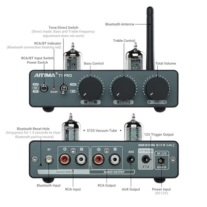AIYIMA T1 PRO Vacuum Tube Preamplifier Bluetooth 5.1 with Treble Bass | 12V Trigger/RCA Out | Swappable Op-Amp & Tubes | Home Audio Pre-amp for 2.0/2.1 A07 MAX Stereo Amplifiers & Bookshelf Speaker