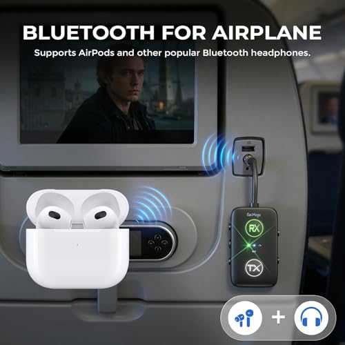 Airplane Bluetooth Adapter for Headphones,Qualcomm Chipset,Black | Airplane Bluetooth 5.4 Transmitter Supports 2 AirPods or Headphones, 2-in-1 AUX Wireless Receiver for Gym, TV, Car, Audio