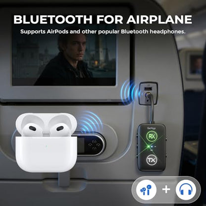 Airplane Bluetooth Adapter for Headphones,Qualcomm Chipset,Black | Airplane Bluetooth 5.4 Transmitter Supports 2 AirPods or Headphones, 2-in-1 AUX Wireless Receiver for Gym, TV, Car, Audio