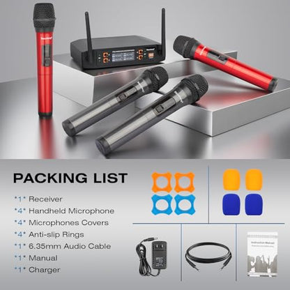 Depusheng Wireless Microphone, Professional 4 Channels Karaoke Handheld System for Home Karaoke, Meeting, Party, Church, DJ, Wedding, Home KTV Set