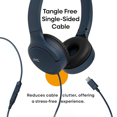 JVC USB-C Wired On-Ear Headphones with Mic – Comfortable All-Day Wear, Clear Calls, Rich Sound – Foldable & Lightweight – Tangle-Free Single-Sided Cable – Great for Gaming & Work from Home - color: Blue