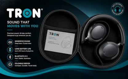 TRON Hybrid Active Noise Cancelling Wireless Headphones, Over-Ear Bluetooth Headphones with Spatial Audio, 60H Battery Life, Transparency Mode, Foldable Design, Travel Case Included (TR110)/Black