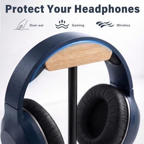 Wood & Metal Headphone Stand, Desktop Headset Holder with Stable Non-Slip Bamboo Base, Universal Headphone Hanger for Gaming Headsets, Office Desk, Home, Gift - color: Wood-tone