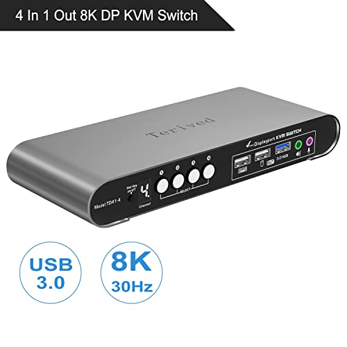 4 Computers 1 DP Monitor Automatic KVM Switch 4K@144Hz 8K30Hz with Complete Cable Set, Hotkey Switching, Support Audio Microphone and USB Hub, Aluminum Alloy Shell, Digital Display, HDR10 - style: 4 Computers 1 DP Monitor USB 3.0
