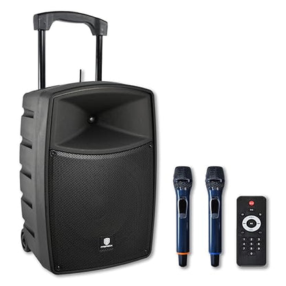 Proreck Freedom 10 500W 10'' Rechargeable Wireless Speaker with 2 Wireless Microphones, Portable PA System with Bluetooth/USB Drive Read/SD Card Reader/FM/Remote for Events, Karaoke, Outdoor - size: 10 inch