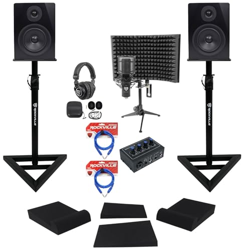 Rockville ROCK-U MINI 2x2 Recording Interface Bundle with APM5B Monitors | 24-Bit/192kHz, USB, 48V Phantom Power, RCM PRO Mic, PRO-M50 Headphones, RVSM1 Stands, RRS190S Pads, 2 TRS Cables, 11-Items