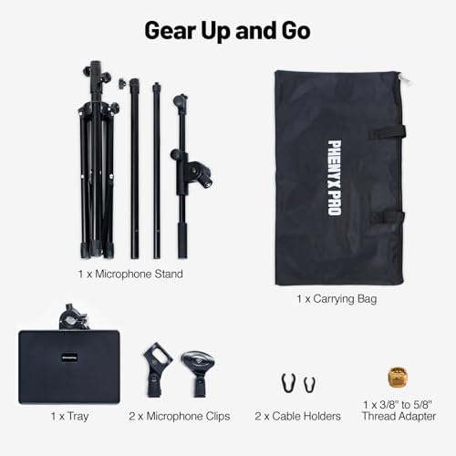 Phenyx Pro Adjustable Microphone Stand with Large Tray MA-S1 | 22 x 16 cm Tray, Adjustable Height, Dual Mic Clips, Carrying Bag, Live Streaming, Recording, Speeches