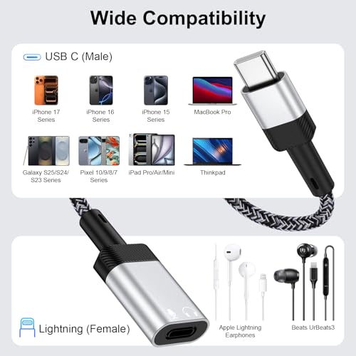 USB C to Lightning Headphone Audio Adapter for iPhone 17e 17 Air Pro Max Air 16e 16 15 Pro Max Plus,iPad,MacBook, USB C Male to Lightning Female Earbuds Audio Adapter Earphone Converter (NO CHARGE) - color: Gray