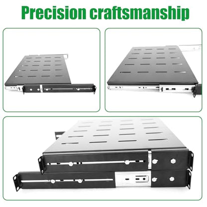 GlobalRack 1U Sliding Shelf,14-22" Adjustable, Double-Sided, Soft-Close - size: 350