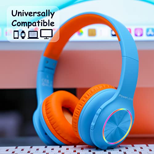 PowerLocus PLED Kids Bluetooth Headphones, Kids Wireless Headphones with LED Lights, 74/85/94dB Safe Volume, Micro SD, AUX Cable, Hi-Fi Stereo, Built-in Mic Over Ear Kid Headphone for Travel/Tablet/PC - color: Blue/Orange