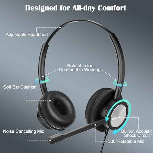 MKJ Cisco Telephone Headset with Microphone Noise Canceling, Office Headset | Wired RJ9 Call Center Headphone, Compatible with Cisco 7861 7942G 7945G 7961G 7962G 8841 8861 9971, Dual Ear, Clear Calls