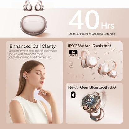 2026 Open Ear Clip On Earbuds with Detachable Butterfly Earrings, Bluetooth 6.0 Wireless Headphones for Women, 50H Playtime, Lightweight & Pain-Free Fit for Small Ears, IPX6，Great Gift (Gold) - color: Gold