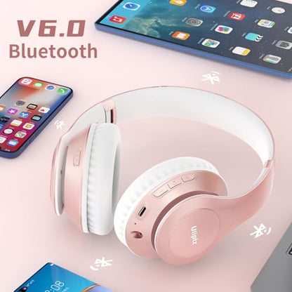 Uliptz Bluetooth Headphones Over Ear, Wireless HiFi Stereo Foldable Headset | 65H Playtime, Bluetooth 6.0, 6 EQ Modes, Built-in Mic, Deep Bass Stereo, Lightweight Design for Home, Office, Travel & PC - color: Rose Gold