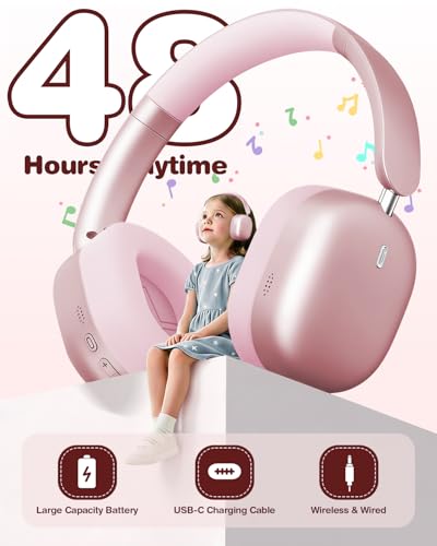 Wentronic Kids Headphones Wireless Bluetooth 5.4,Foldable Over Ear Headphones with 3.5mm Wired Mode,Safe Volume Limit,48H Playtime,Clear Calls,HD Sound for Toddlers/Children/School/Travel,Pink - color: Pink