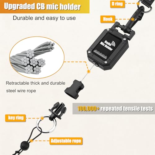 2 Pcs CB Mic Holder Retractable, CB Radio Mount Radio Mic Clip Hanger Holder Lanyard Tether 32" Stainless Steel Cord with Adjustable Mount Kit, D-Ring Mount with Screw, Perfect for Truck Driver