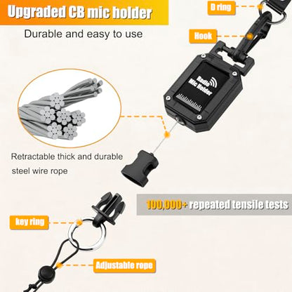 2 Pcs CB Mic Holder Retractable, CB Radio Mount Radio Mic Clip Hanger Holder Lanyard Tether 32" Stainless Steel Cord with Adjustable Mount Kit, D-Ring Mount with Screw, Perfect for Truck Driver